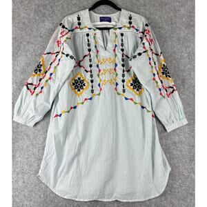 Sana Safinaz Embroidered Dress Womens Large Cotton Striped Crochet Boho Artsy